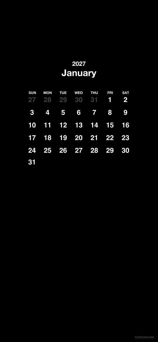 Fondo de pantalla negro para móvil con calendario de enero de 2027