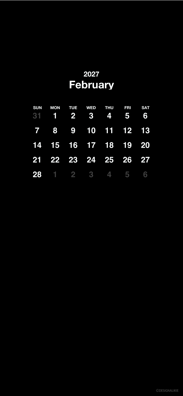 Fondo de pantalla negro para móvil con calendario de febrero de 2027