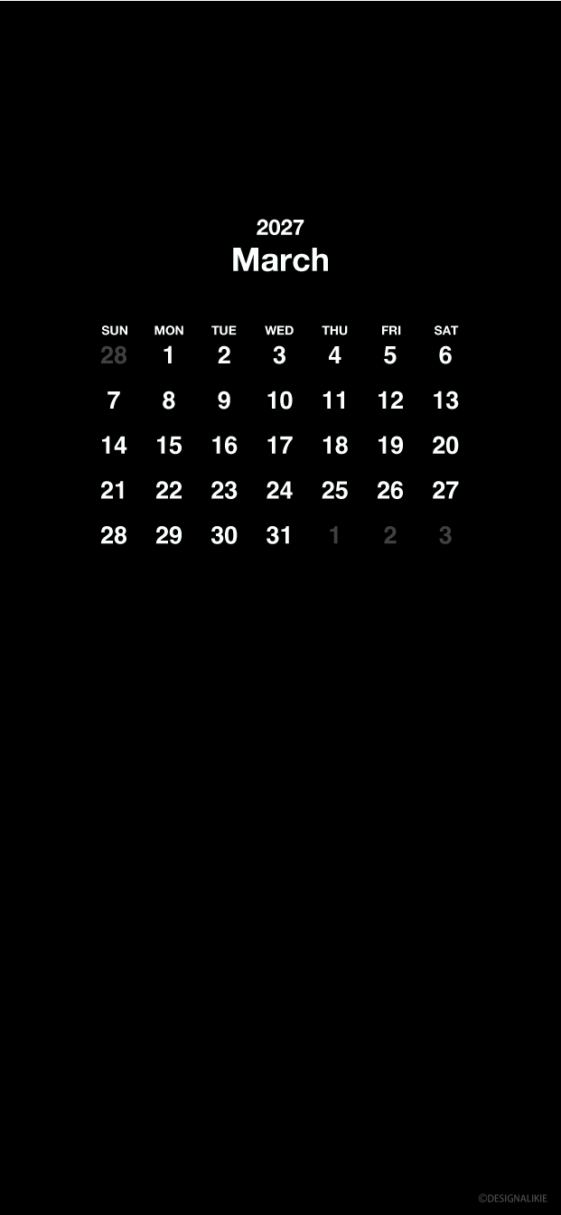 Fondo de pantalla negro para móvil con calendario de marzo de 2027