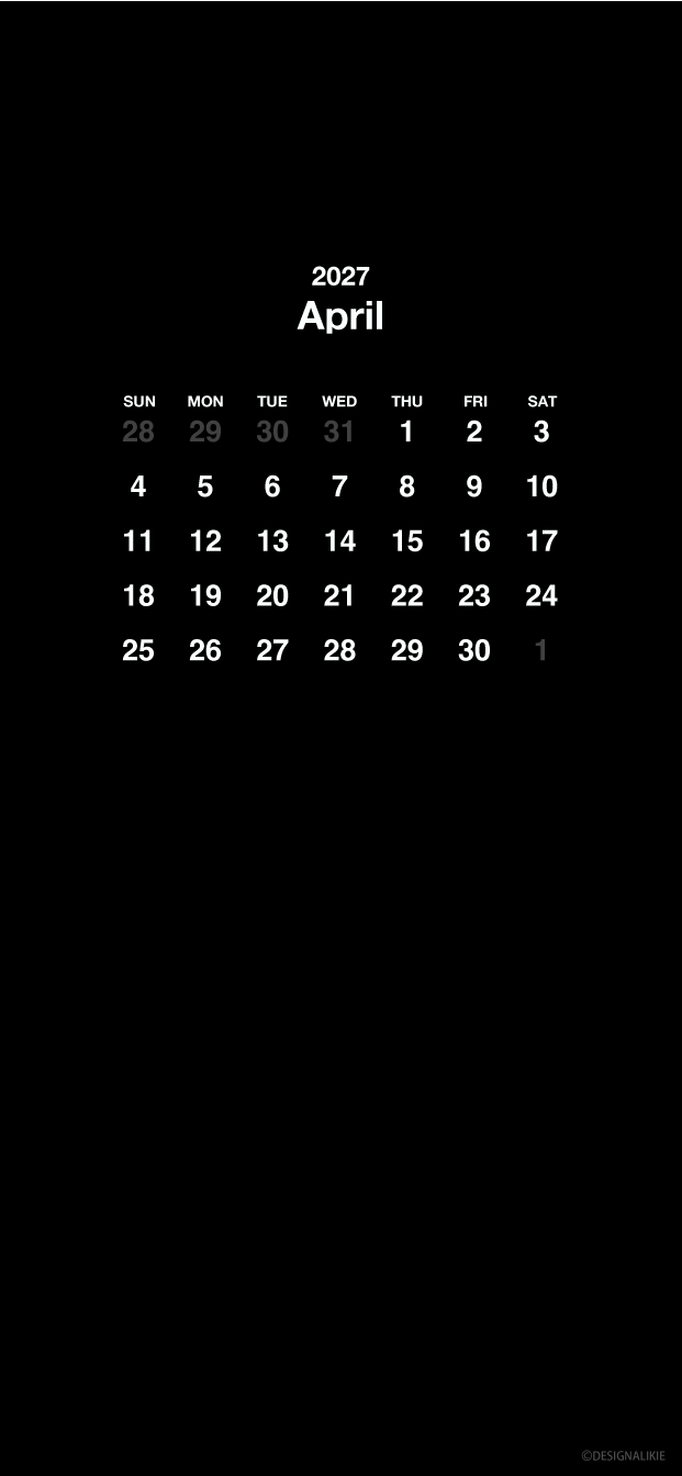 Fondo de pantalla negro para móvil con calendario de abril de 2027
