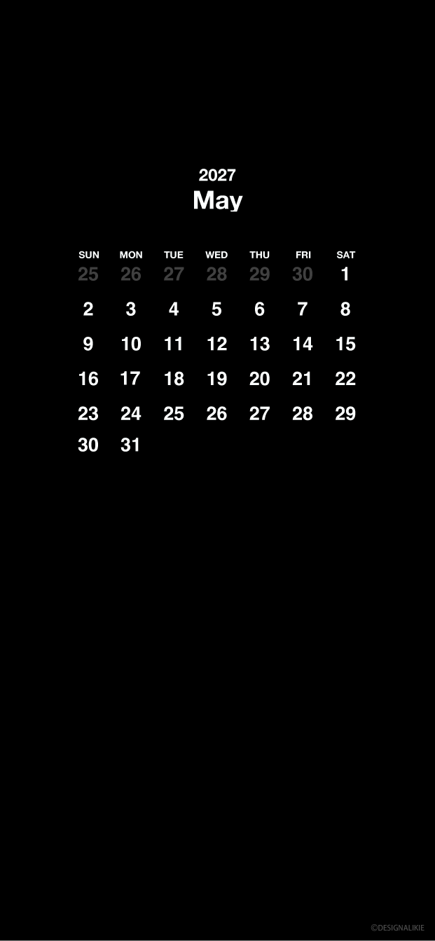 Fondo de pantalla negro para móvil con calendario de mayo de 2027