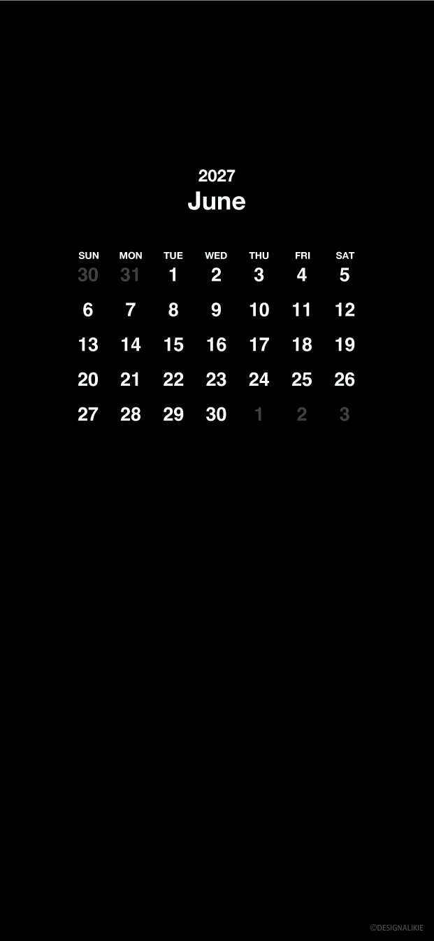 Fondo de pantalla negro para móvil con calendario de junio de 2027