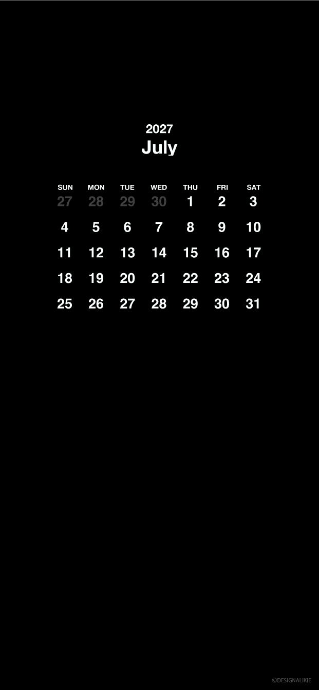 Fondo de pantalla negro para móvil con calendario de julio de 2027