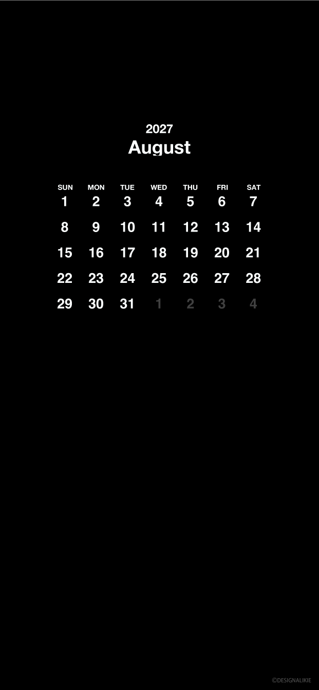 Fondo de pantalla negro para móvil con calendario de agosto de 2027