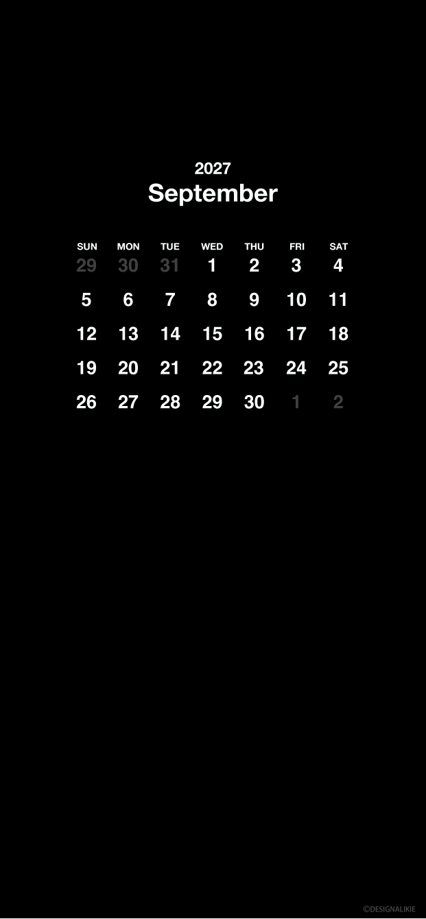 Fondo de pantalla negro para móvil con calendario de septiembre de 2027