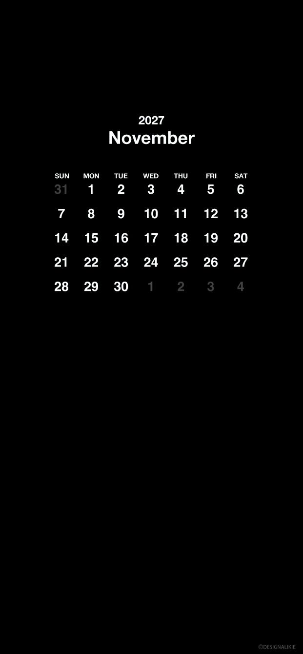 Fondo de pantalla negro para móvil con calendario de noviembre de 2027