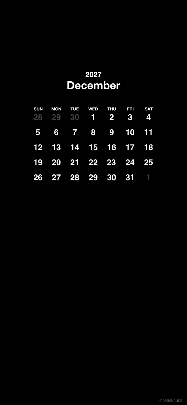 Fondo de pantalla negro para móvil con calendario de diciembre de 2027