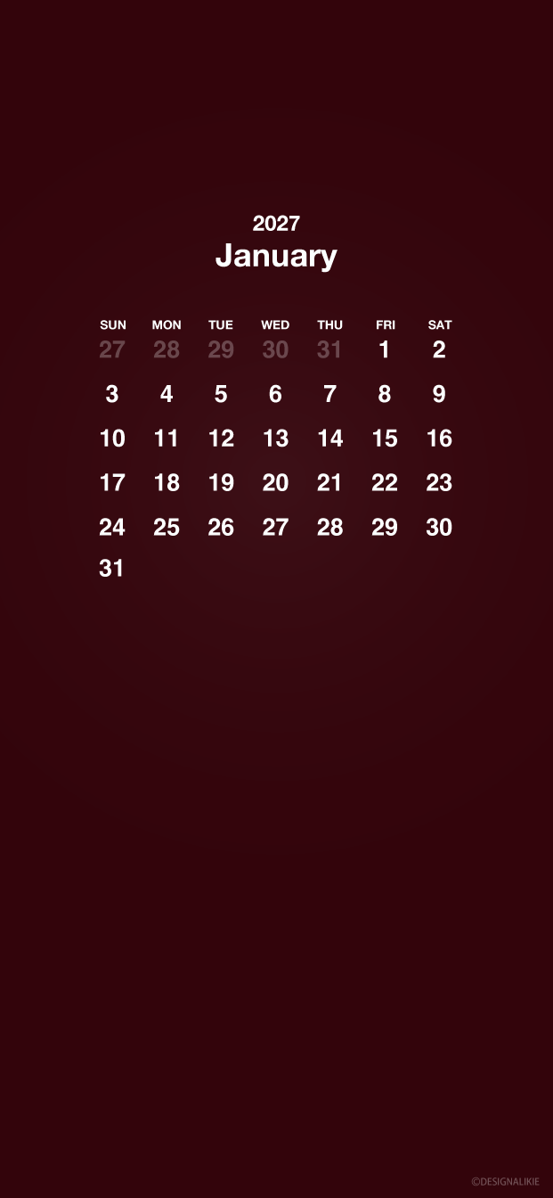 Fondo de pantalla burdeos para móvil con calendario de enero de 2027