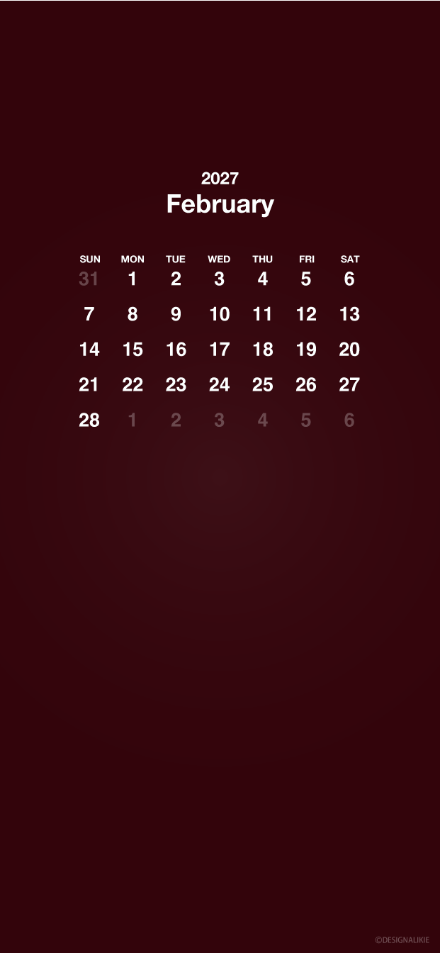 Fondo de pantalla burdeos para móvil con calendario de febrero de 2027
