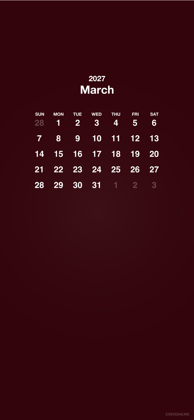 Fondo de pantalla burdeos para móvil con calendario de marzo de 2027