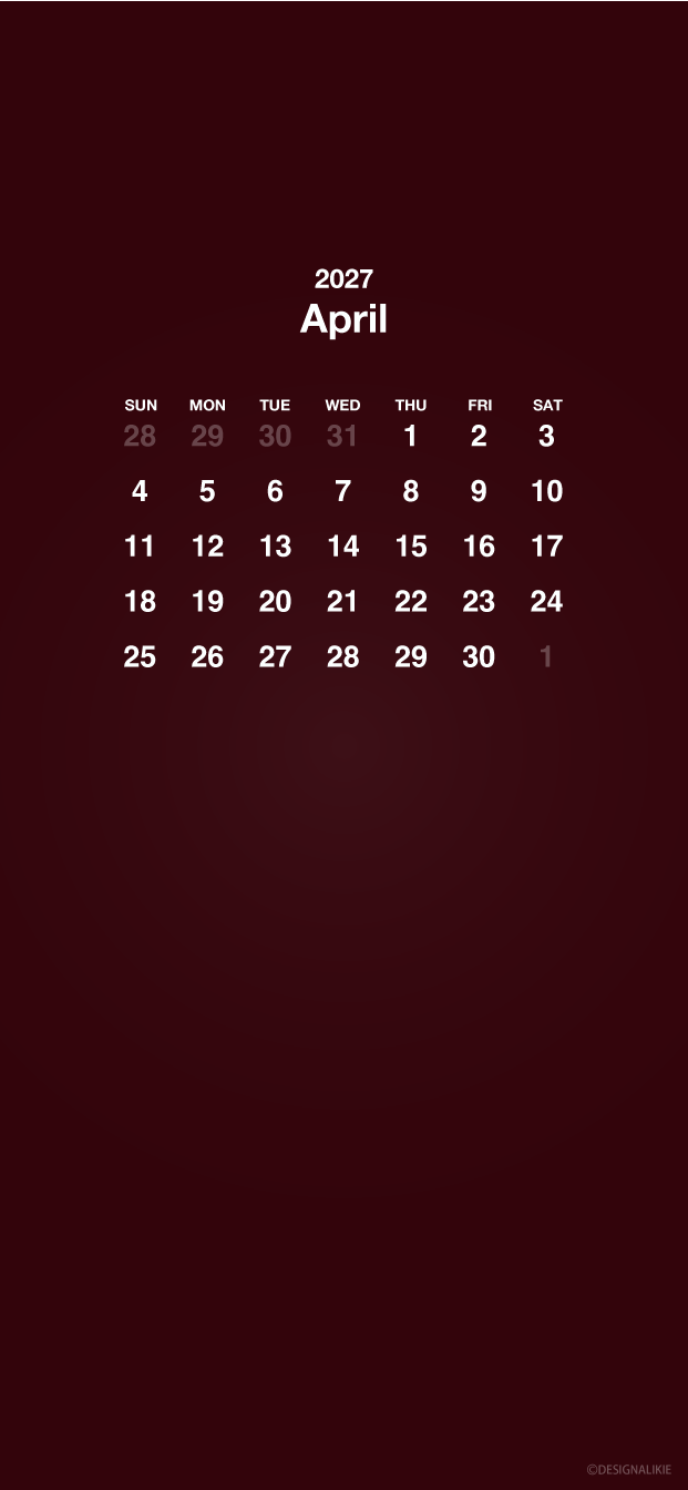 Fondo de pantalla burdeos para móvil con calendario de abril de 2027