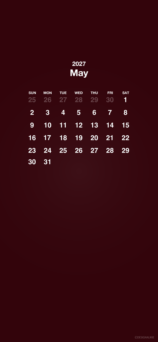 Fondo de pantalla burdeos para móvil con calendario de mayo de 2027