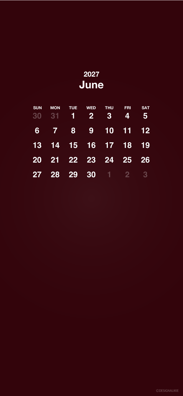 Fondo de pantalla burdeos para móvil con calendario de junio de 2027