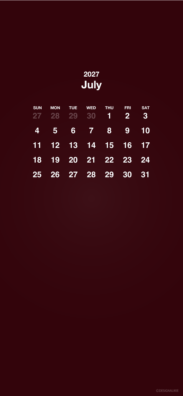 Fondo de pantalla burdeos para móvil con calendario de julio de 2027