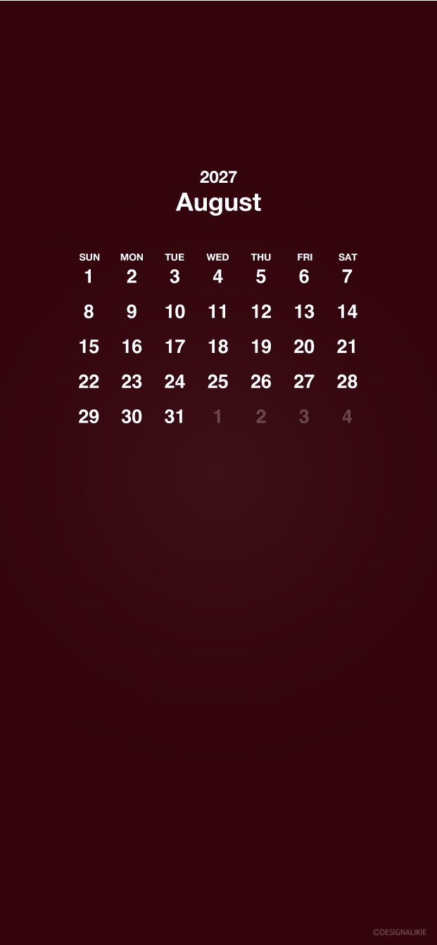 Fondo de pantalla burdeos para móvil con calendario de agosto de 2027