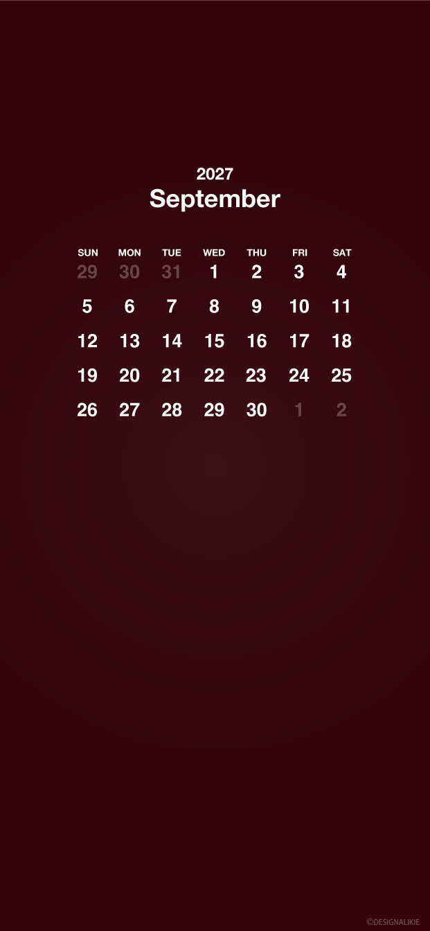 Fondo de pantalla burdeos para móvil con calendario de septiembre de 2027