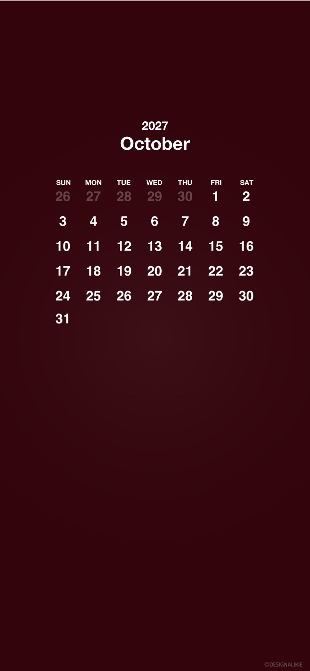 Fondo de pantalla burdeos para móvil con calendario de octubre de 2027