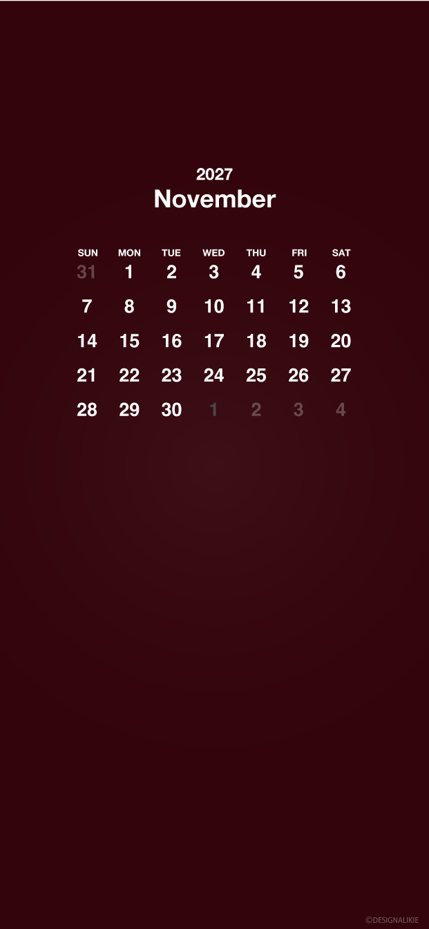 Fondo de pantalla burdeos para móvil con calendario de noviembre de 2027