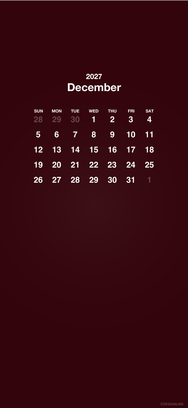 Fondo de pantalla burdeos para móvil con calendario de diciembre de 2027