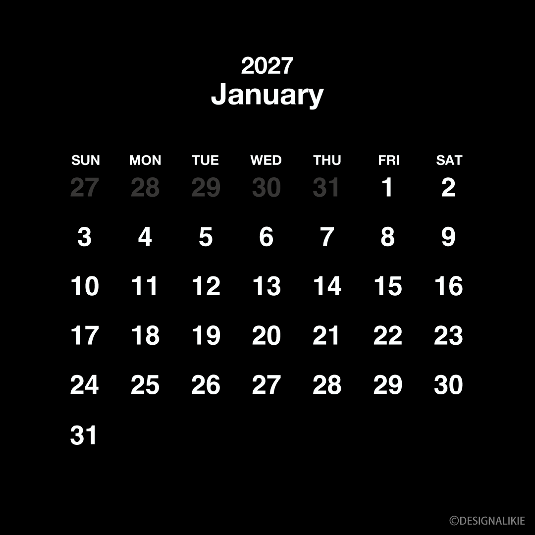 Calendario cuadrado negro de enero de 2027