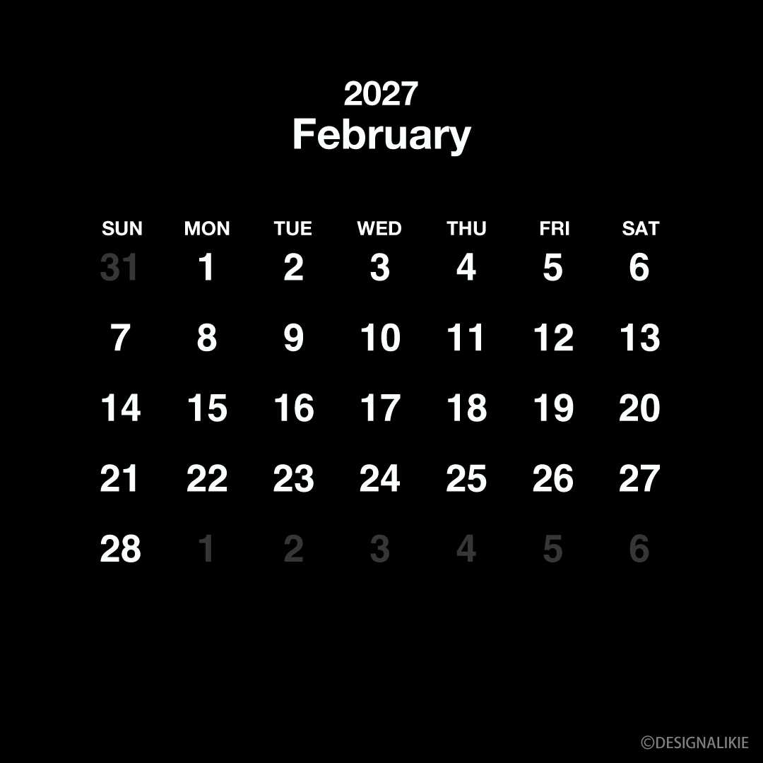Calendario cuadrado negro de febrero de 2027
