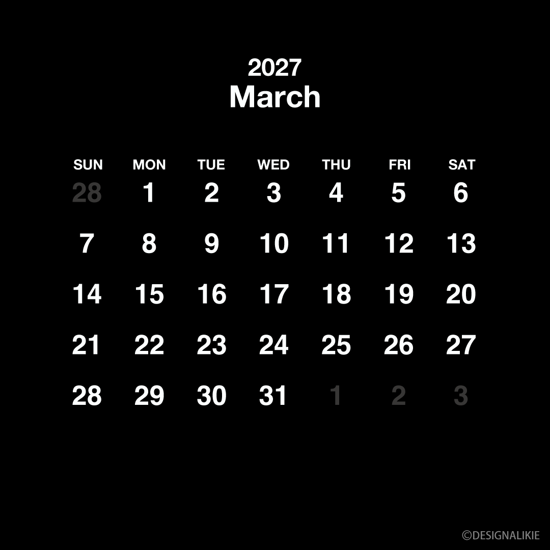 Calendario cuadrado negro de marzo de 2027
