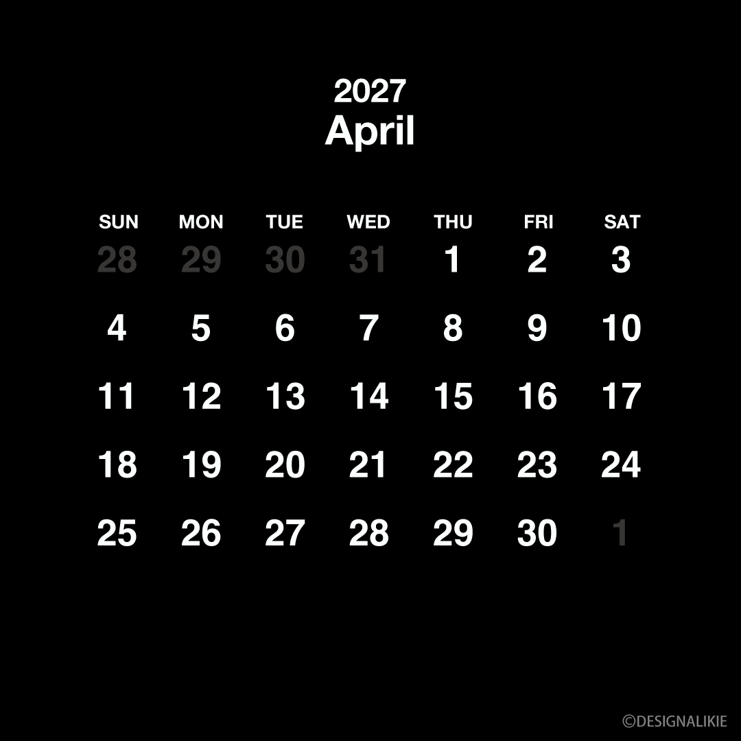 Calendario cuadrado negro de abril de 2027