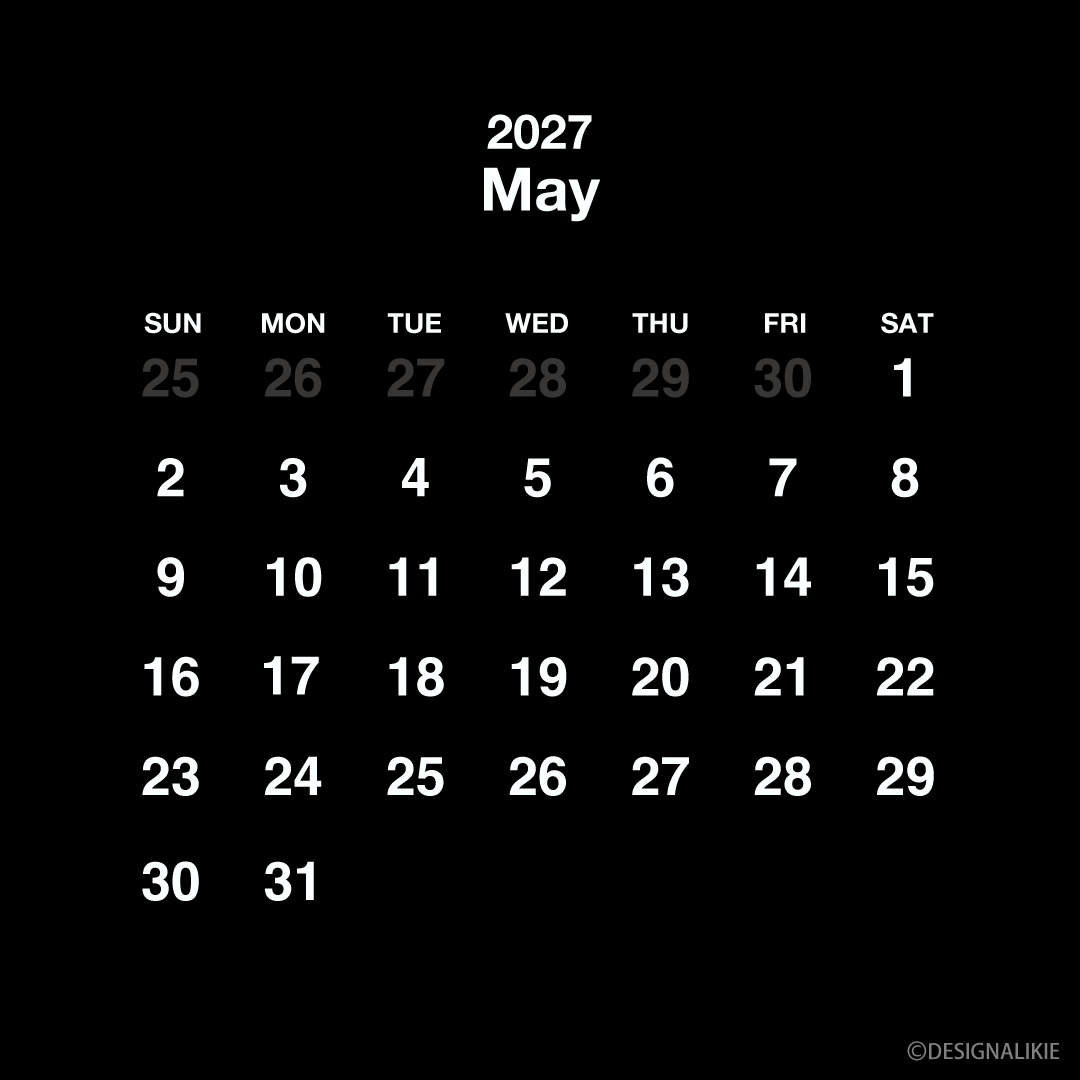 Calendario cuadrado negro de mayo de 2027