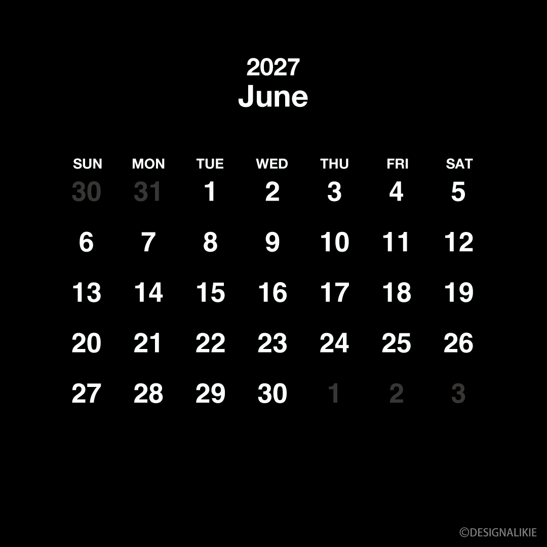Calendario cuadrado negro de junio de 2027