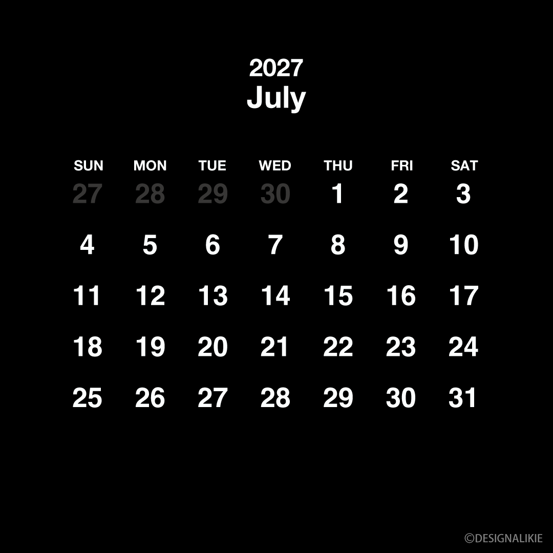 Calendario cuadrado negro de julio de 2027