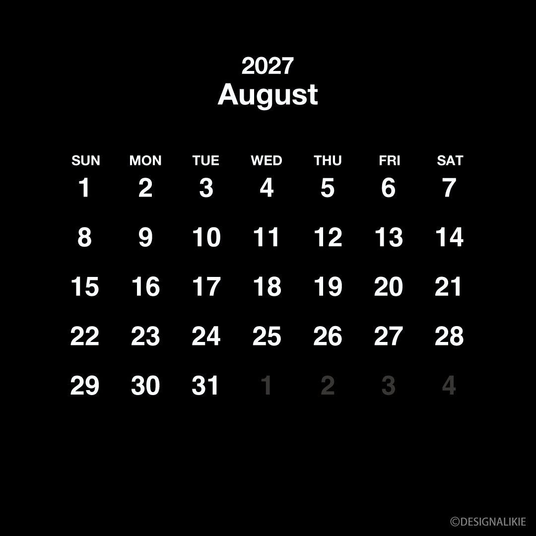 Calendario cuadrado negro de agosto de 2027