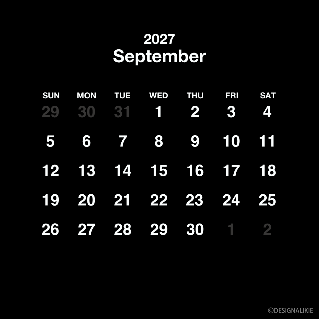 Calendario cuadrado negro de septiembre de 2027