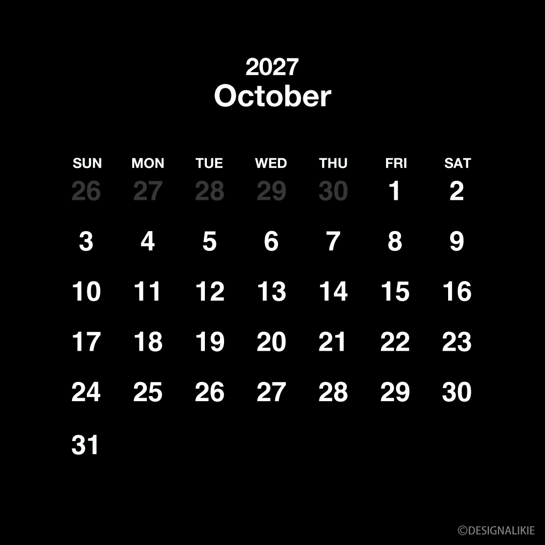 Calendario cuadrado negro de octubre de 2027