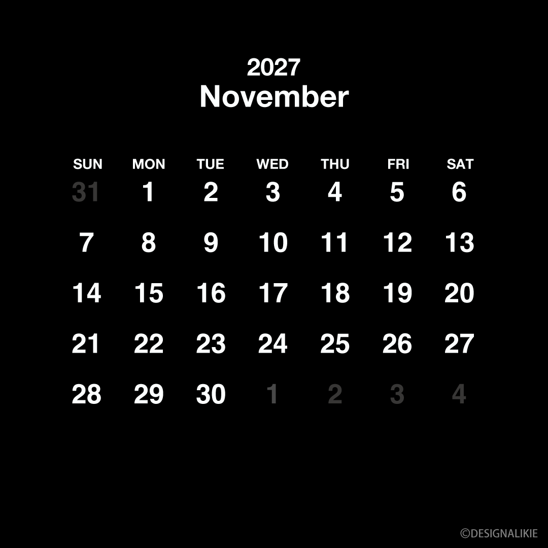 Calendario cuadrado negro de noviembre de 2027