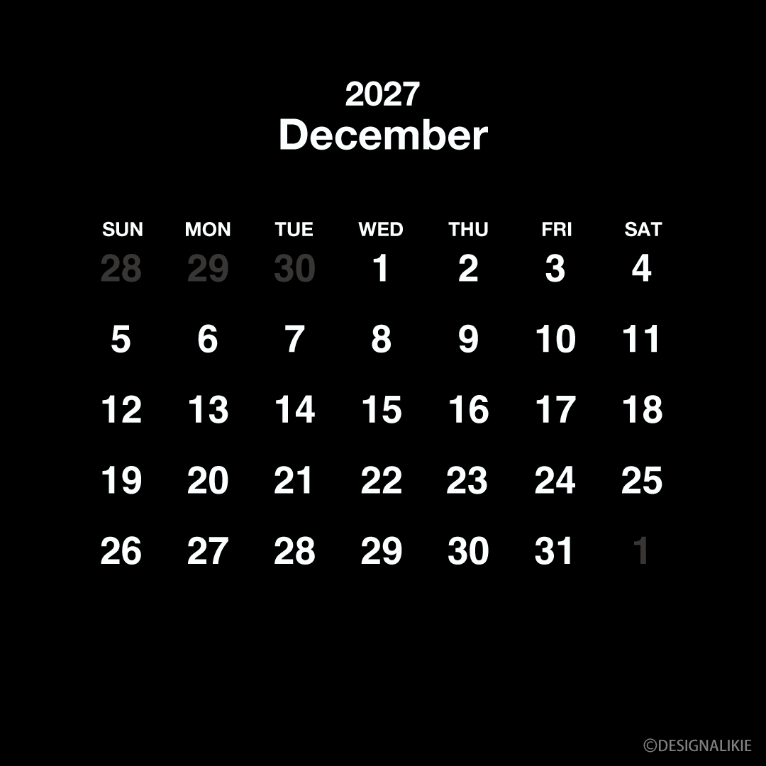 Calendario cuadrado negro de diciembre de 2027