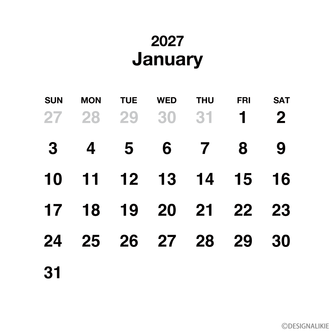 Calendario cuadrado blanco de enero de 2027