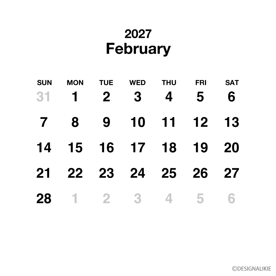 Calendario cuadrado blanco de febrero de 2027
