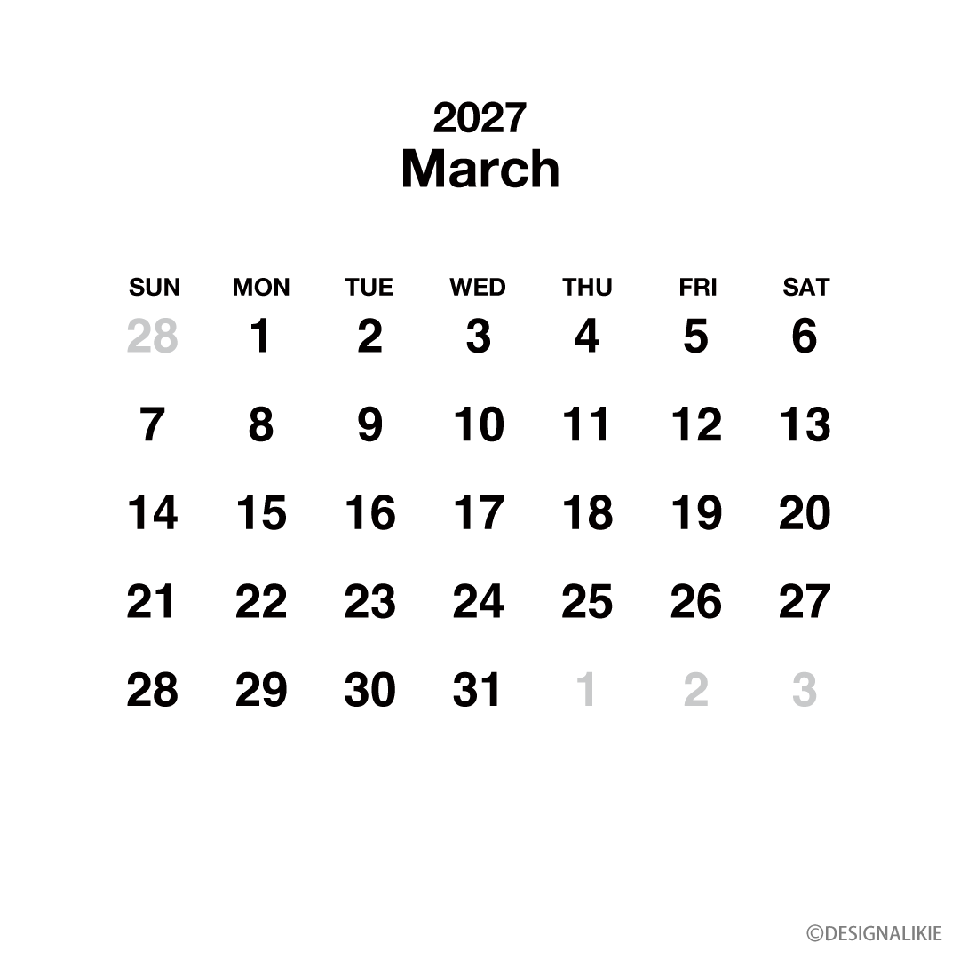 Calendario cuadrado blanco de marzo de 2027