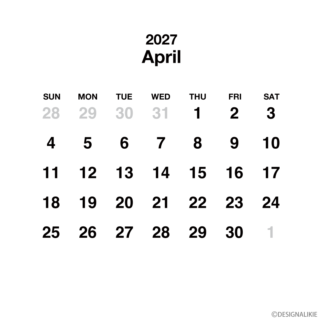 Calendario cuadrado blanco de abril de 2027