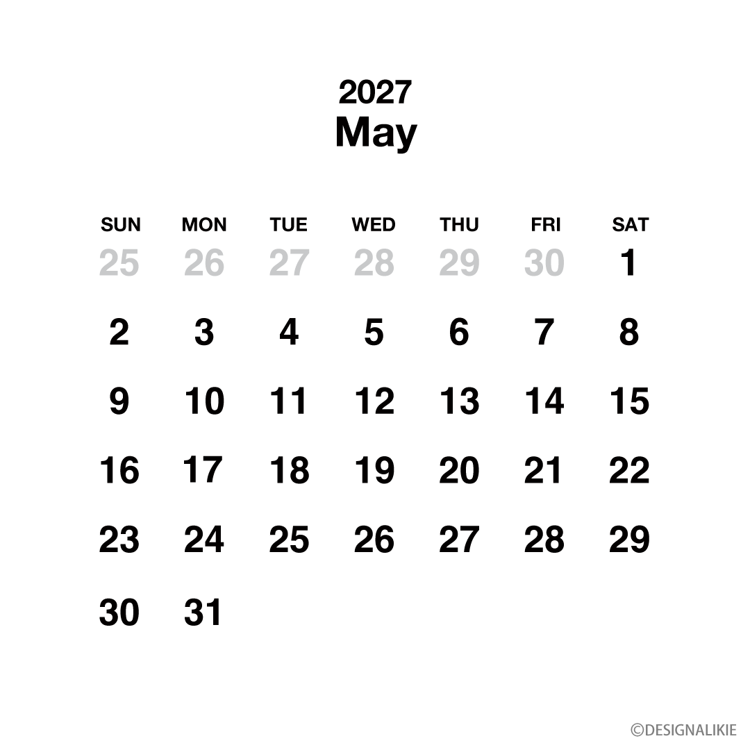 Calendario cuadrado blanco de mayo de 2027