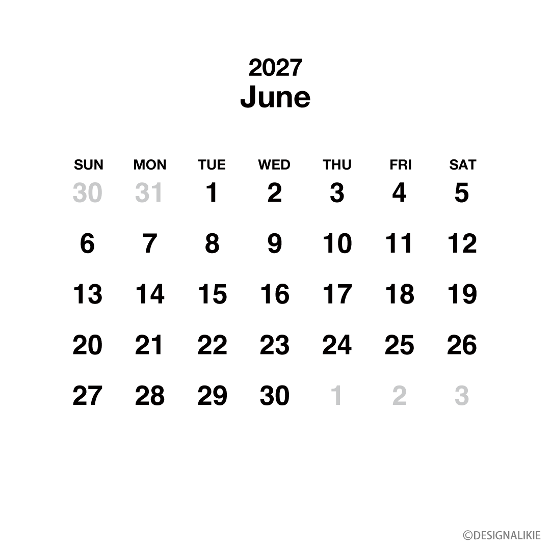 Calendario cuadrado blanco de junio de 2027