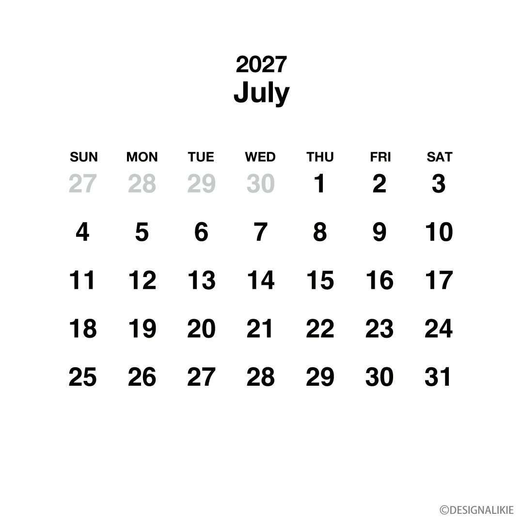 Calendario cuadrado blanco de julio de 2027