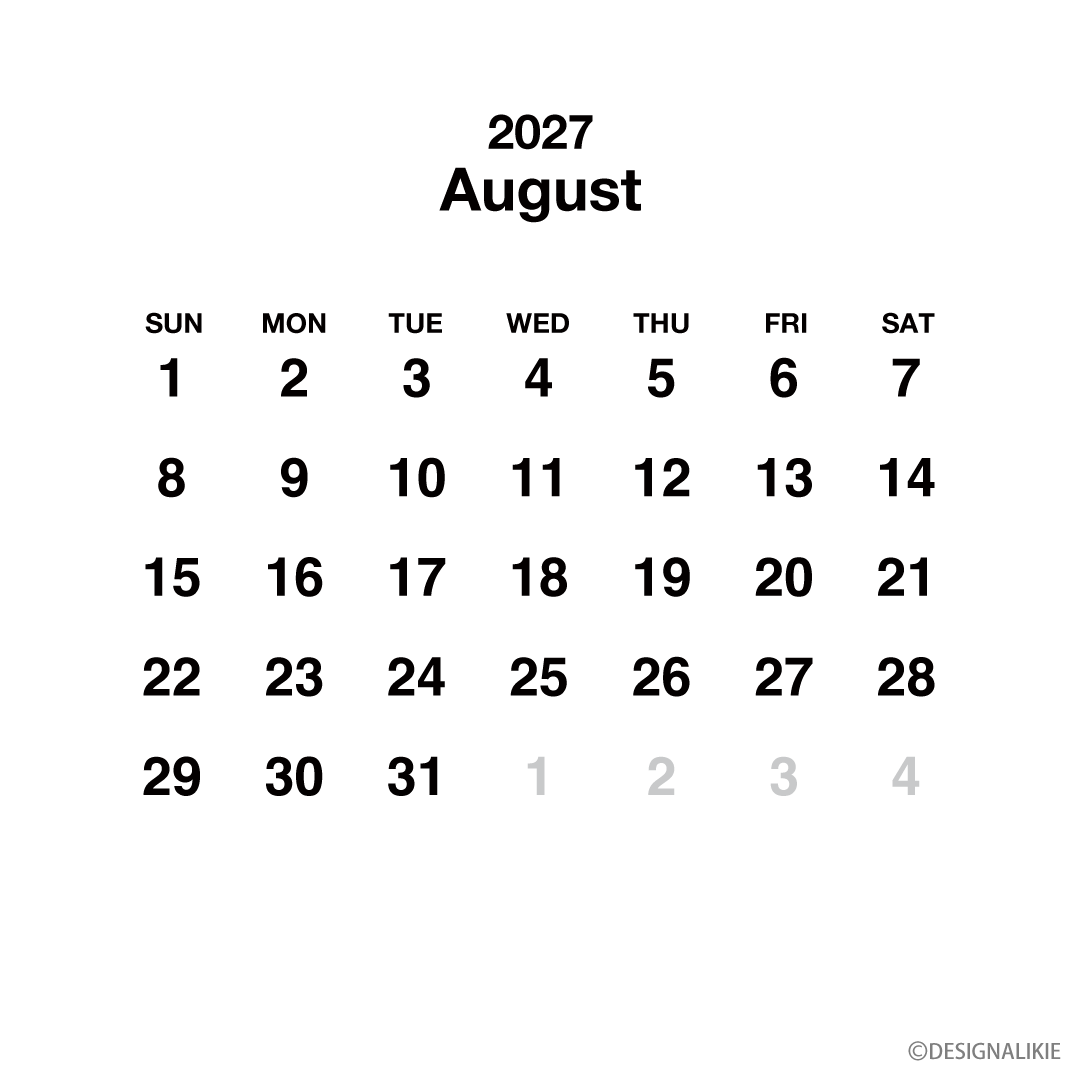 Calendario cuadrado blanco de agosto de 2027