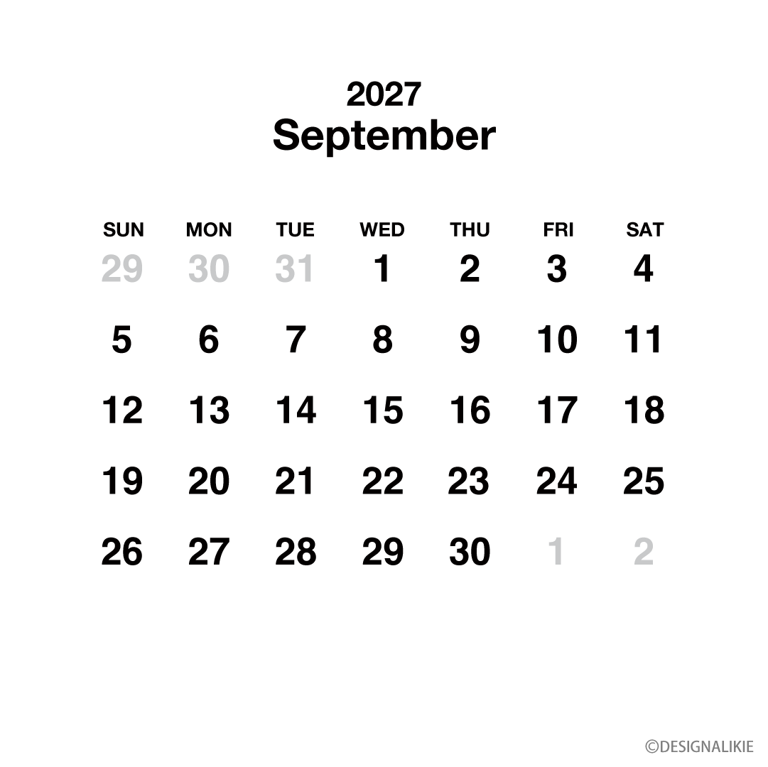 Calendario cuadrado blanco de septiembre de 2027