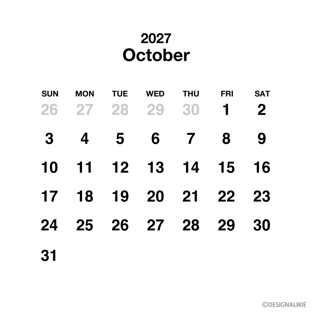 Calendario cuadrado blanco de octubre de 2027