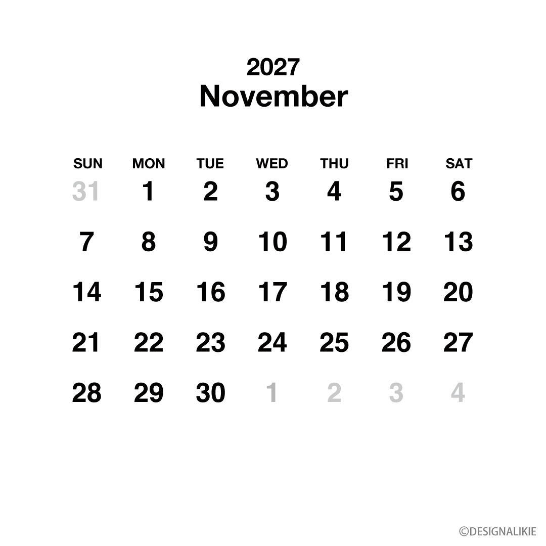 Calendario cuadrado blanco de noviembre de 2027