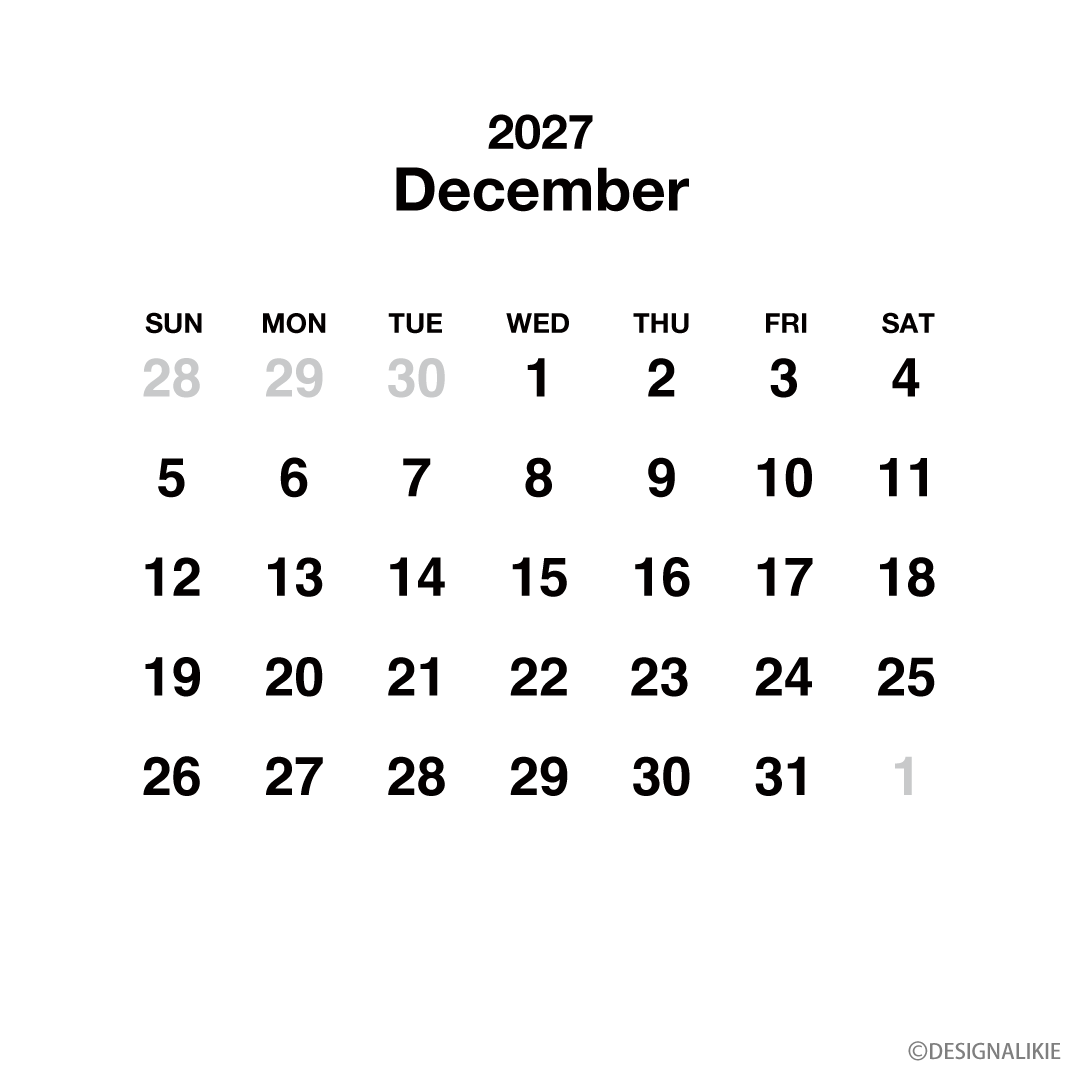 Calendario cuadrado blanco de diciembre de 2027