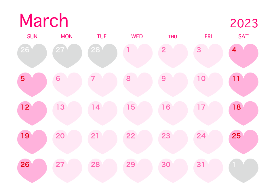 March 2023 Pink Heart Calendar