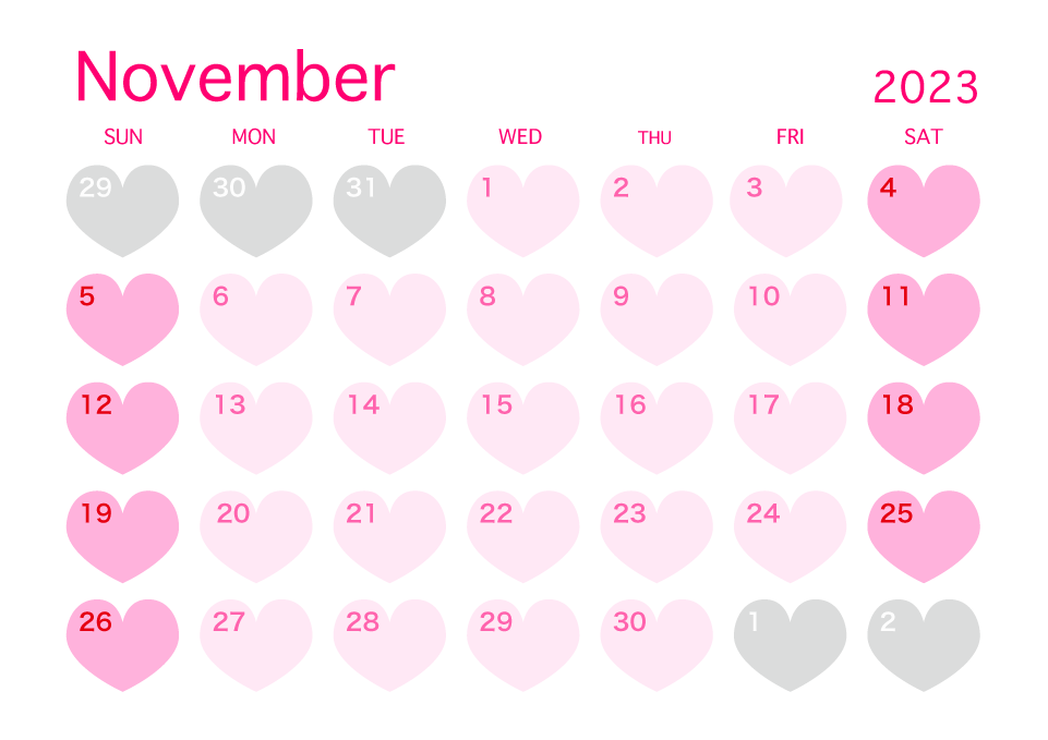 November 2023 Pink Heart Calendar