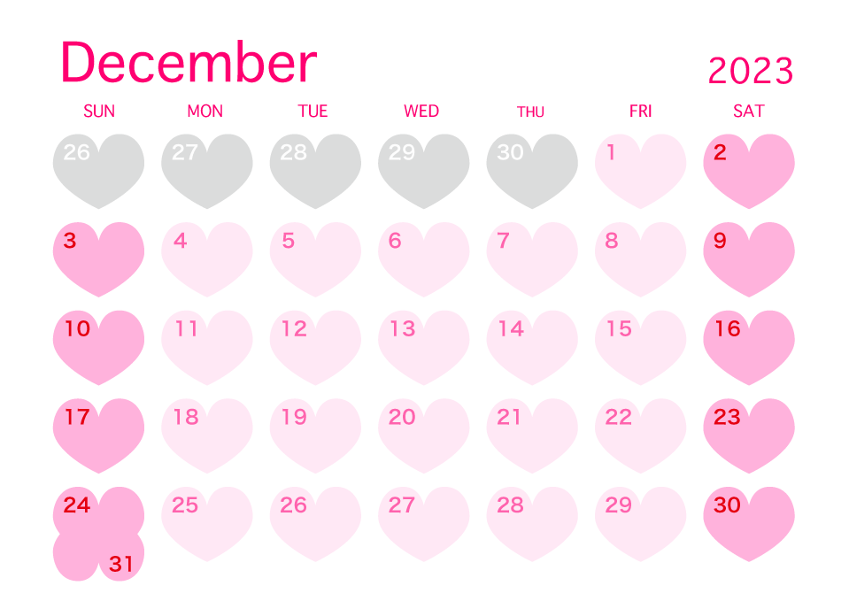 December 2023 Pink Heart Calendar